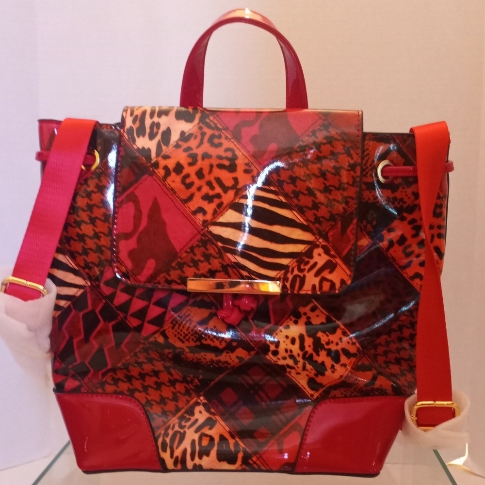 Alyssa Backpack Vegan Leather Red Geometric Shoulder School College Backpack - Picture 3 of 15